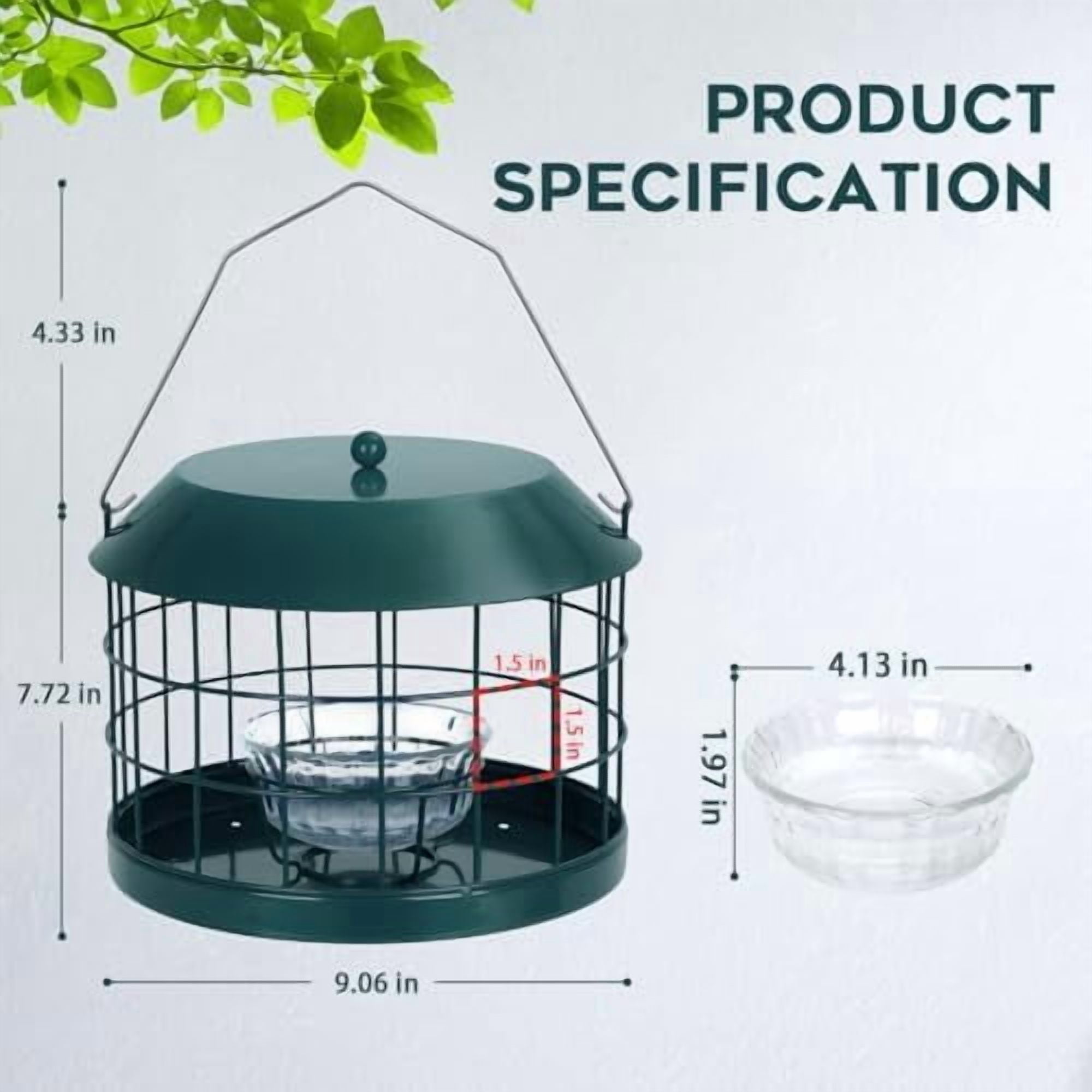 Caged Bluebird Feeder for Mealworms with Glass Bowl, Squirrel Proof Bird Feeder for Small Birds Only, Detachable Hook, Large Space, Outdoors Weatherproof, Metal, Green