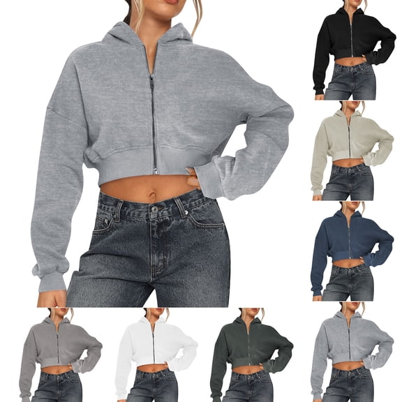 Jinhomg Womens Cropped Zip Up Sweatshirt Casual Comfy Solid Long Sleeve Hoodies 2025 Trendy Y2K Teen Girls Jacket Summer Saving Beige M
