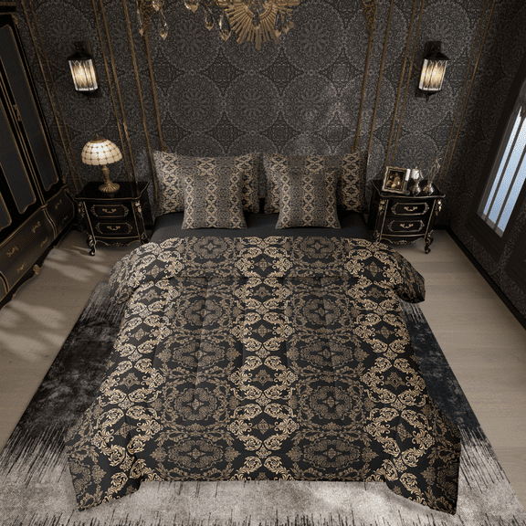 Manfei Bohemian Damask 7-Piece Twin Bedding Sets,Black Golden Bedding Comforter Set,Boho Flower Breathable Sheet Sets,Microfiber Exotic Room Decor,Reversible