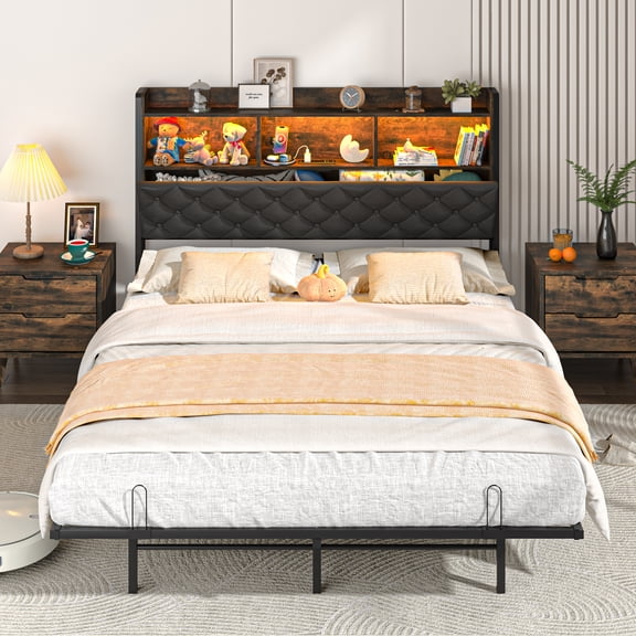 ANPOO Queen Size Floating Bed Frame with LED Light & Charging Station,  Platform Bed with Storage Headboard,No Box Spring Needed