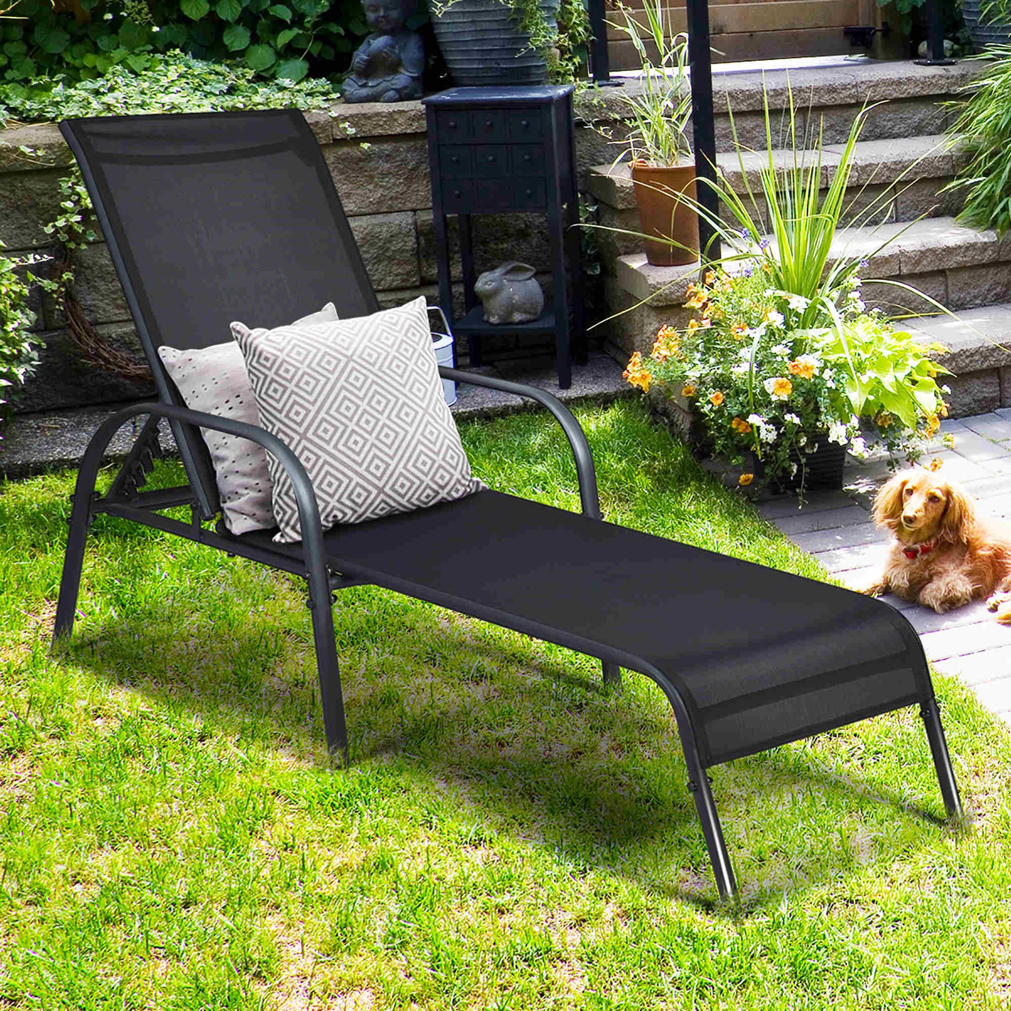 Costway 2PCS Outdoor Patio Lounge Chair Chaise Fabric Adjustable Reclining Armrest Black 1 unit