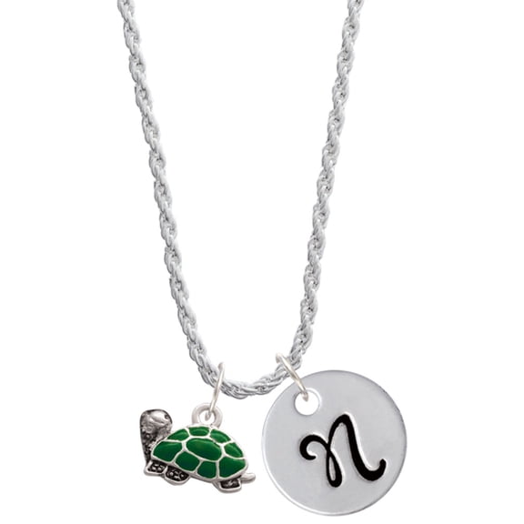 Delight Jewelry Silvertone Green Side Turtle Silvertone Script Initial Disc - N - Charm Necklace, 20"+3"