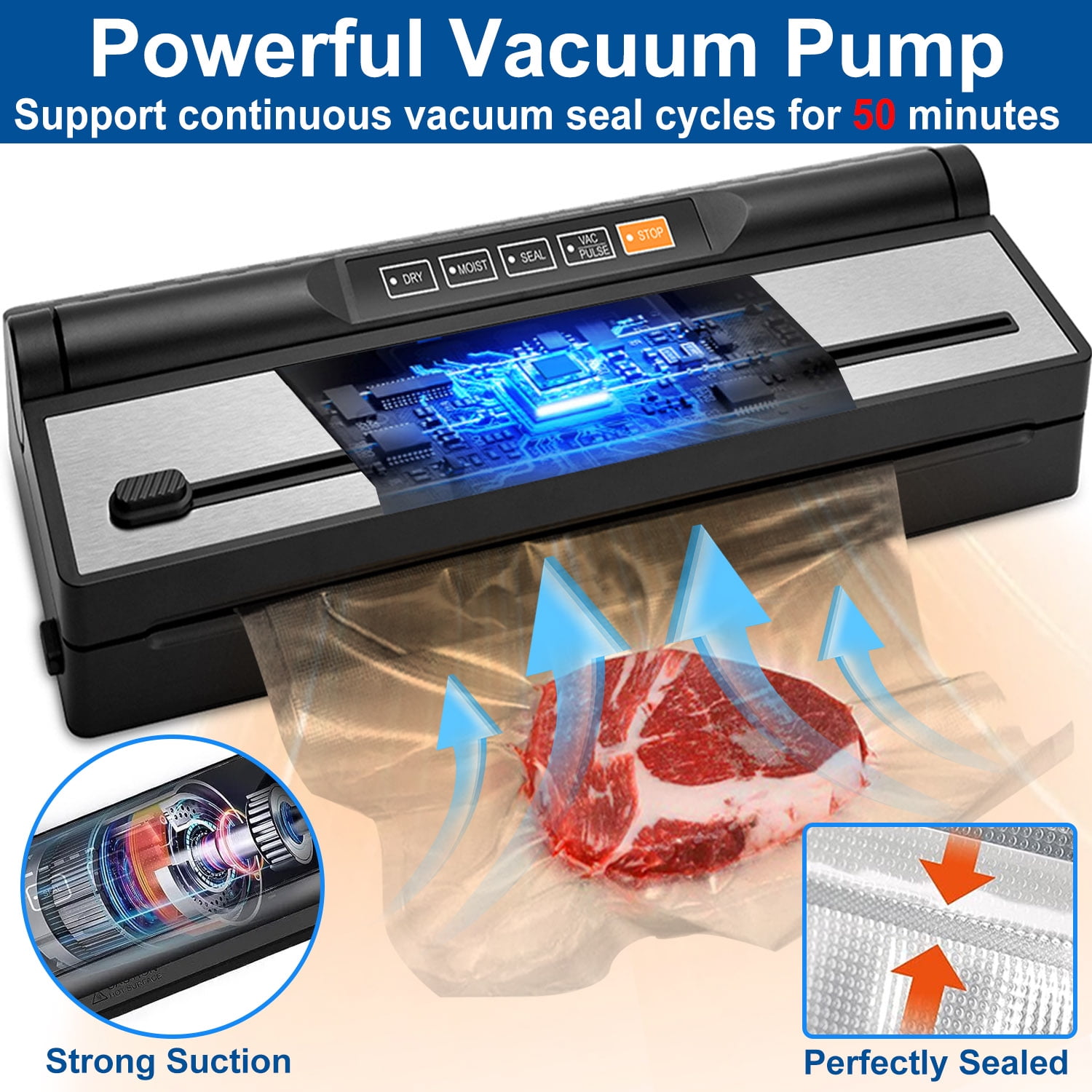 Food Vacuum Sealer Machine, Auto&Manual Food Sealer with 2 Rolls Food Vacuum Sealer Bags for Food Preservation, Food Storage Saver Dry & Moist Food Modes, Built-in Cutter, LED Indicato
