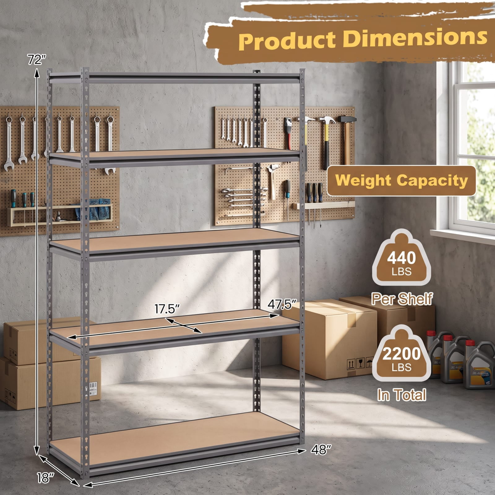Biotree 5-Tier Metal Shelving Unit 2200 lbs Capacity with Adjustable Shelves 48" × 18" × 72" for Warehouse Garage Basement, Gray