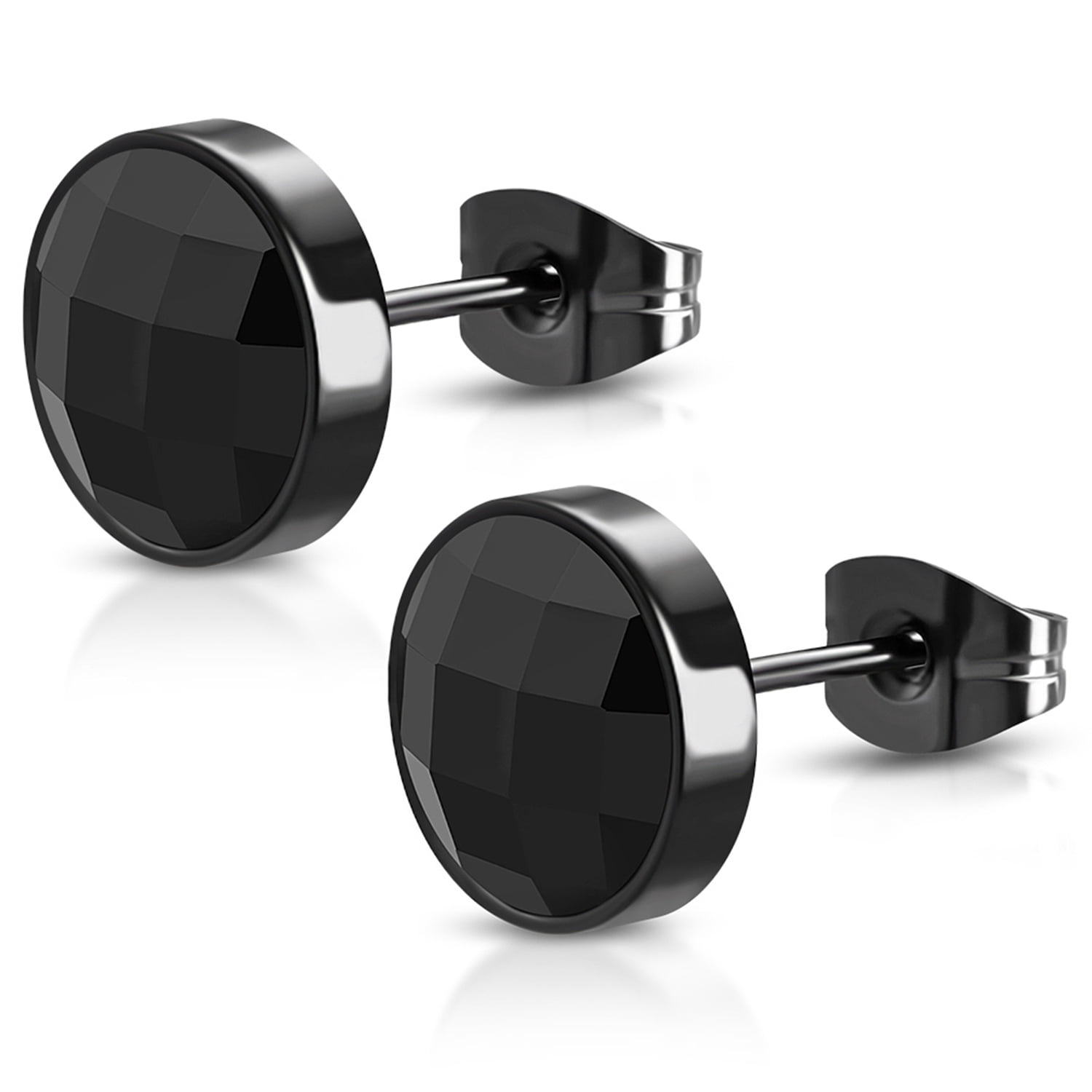 Stainless Steel Prong-Set Round Circle Stud Earrings with Jet Black CZ pair 