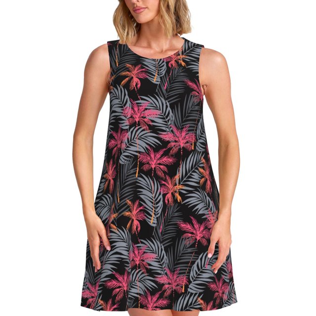 Xecao Palmiers Hawaïens Colorés pour Robes d'Été pour Femmes Robes Décontractées de Plage Sans Manches T-Shirt Robe Évasée avec Poches