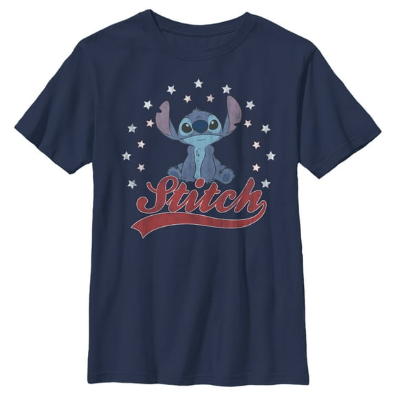 Boy's Lilo & Stitch Red, White, and Blue Stars  Graphic Tee Navy Blue Large
