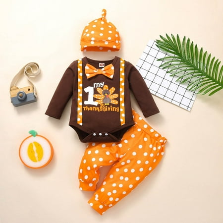 

Hunpta Infant Boys Girls Thanksgiving Day Long Sleeve Cartoon Prints Romper Bodysuits Pants Hat Newborn Outfits