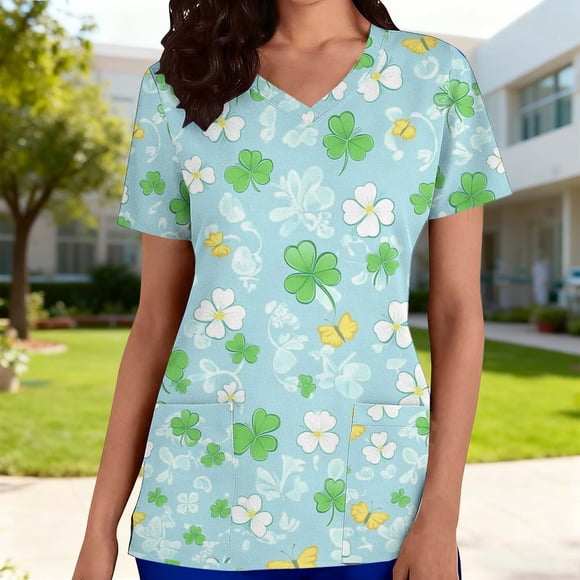 Elvqul Womens Short Sleeve Shirts V-Neck Plus Size T Shirts Stylish Print Cute Party Blue Tops for Ladies St Patricks Day