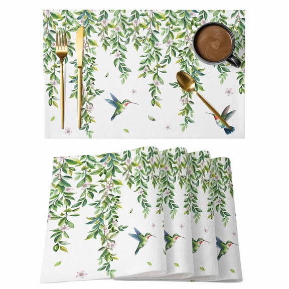 Spring Botanical Placemats Set of 6, Watercolor Leaves Flowers Birds Country Placemats for Dining Table, Place Mats for Kitchen Tabletop, Waterproof Wipeable Dining Table Mats Set