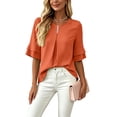 thumbnail image 6 of ClodeEU Women's Round Neck Pleated 3/4 Sleeve Tunic Blouse Top,Casual Loose Shirt Orange,Women's Plus M, 6 of 8