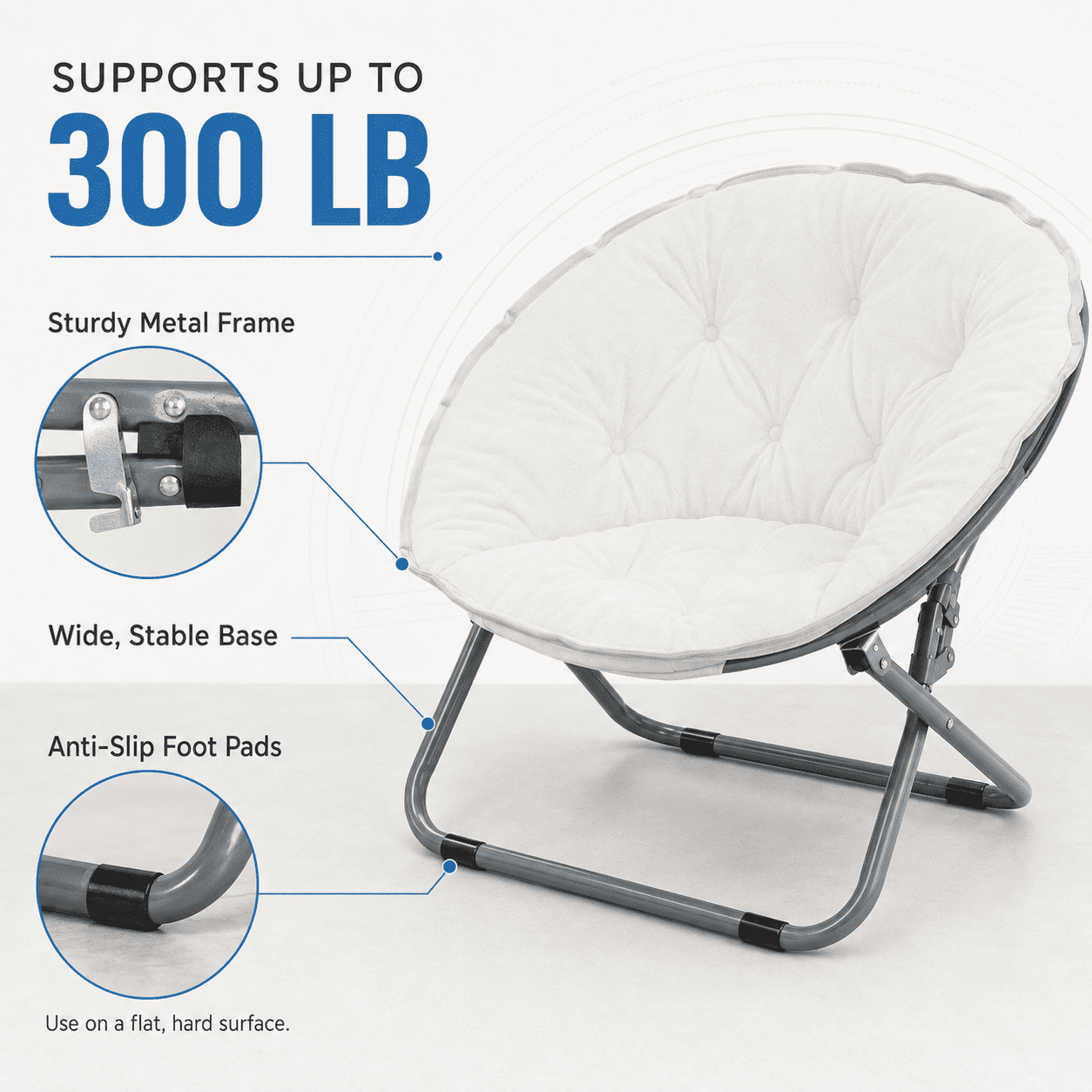 CLOUDREST PRO Soft Plush Folding Saucer Chair for Adults, Padded Round Lounge Seat, Metal Frame, 300 lb Capacity, White
