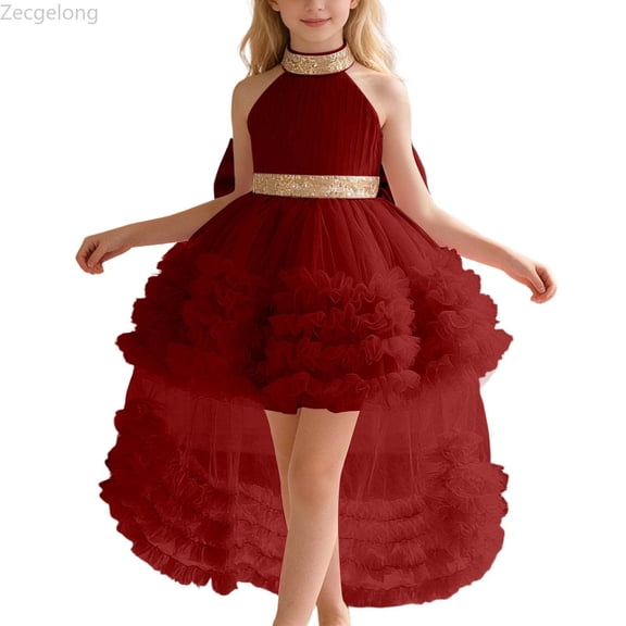 Zecgelong Girls Dress With Train Tiered Neck Gown For Pageant Recital Performance And Girls Dress For Kids Size 18-24 Months Red