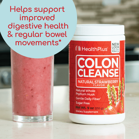 Health Plus Colon Cleanse Digestive Support | No Artificial Flavors | Daily Fiber for Toxin Elimination To Reduce Bloating | Psyllium Husk | Strawberry Flavor | 9 Ounces, 36 Servings