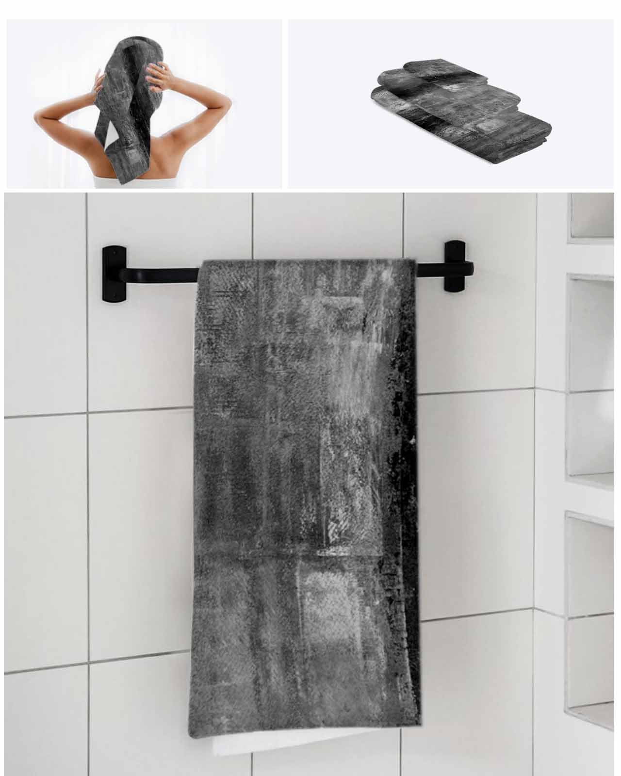 Gray Bath Towels for Bathroom Set,Luxury Microfiber Towels Gifts for Women,Beach Kitchen Hand Hair Face Towel and Dish Washcloth,Retro Oil Painting Modern Abstract Art Aesthetics Towels+Set