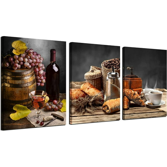 Kitchen Canvas Wall Art Coffee and Red Wine Paintings Vintage Farmhouse Pictures Bread Fruit Artwork Prints for Dinning Room Bar Home Wall Decor, 12"x16"x3 Panels, Ready to Hang