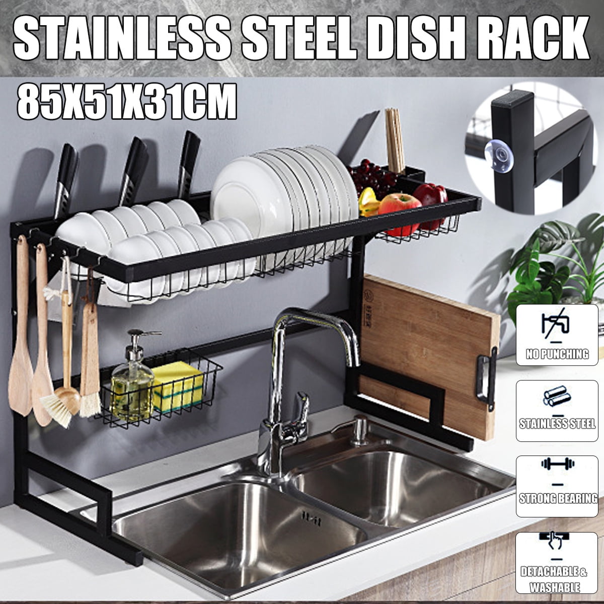 34" Over Sink Dish Rack Dish Drainer Drying Rack Storage Shelf Stainless Steel W/ Draining Board