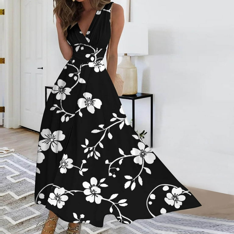 Cavosen Casual Wedding Guest Dress V Neck Sleeveless Midi Evening Gowns Ball Dress Elegant Wedding Guest Cocktail Party Dress