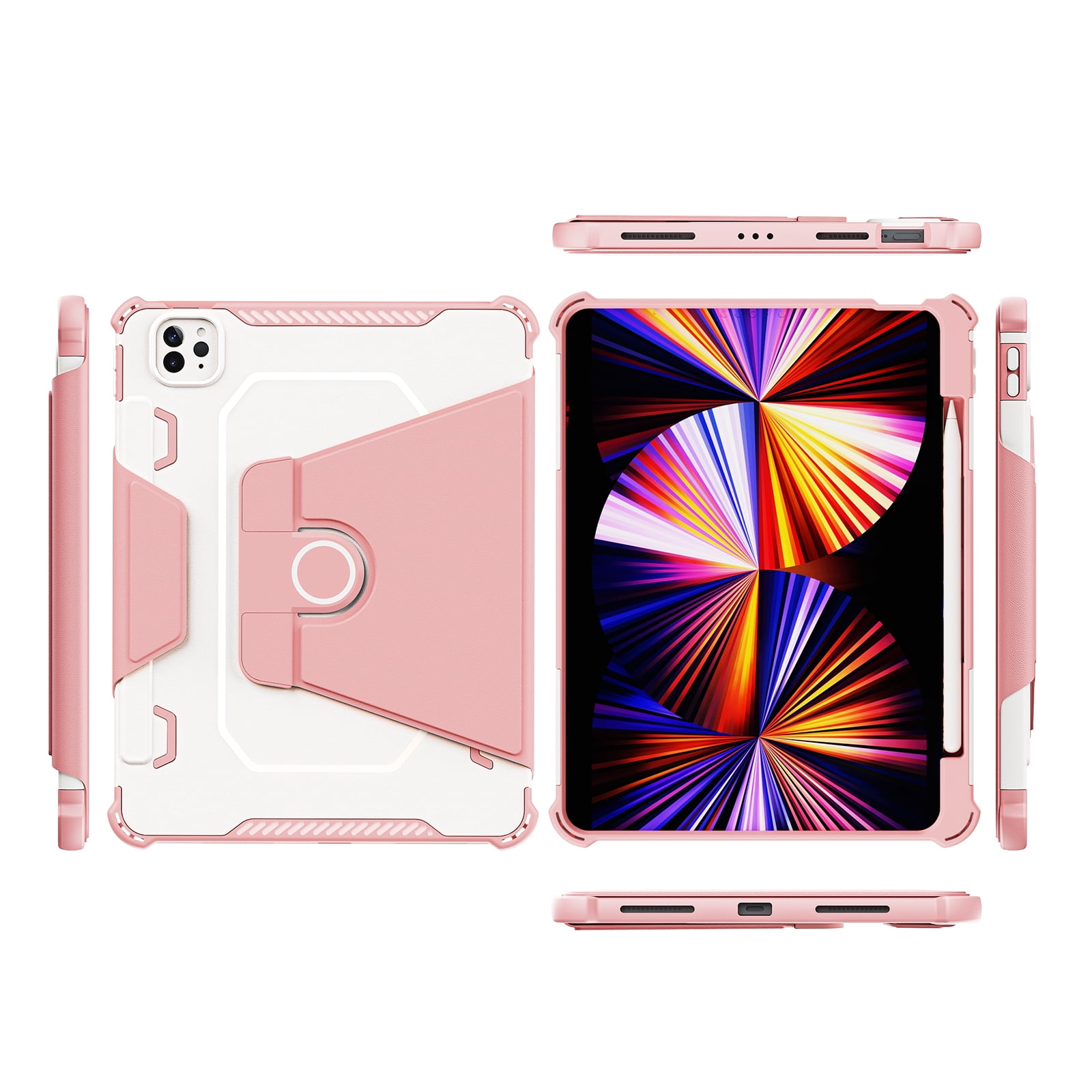 Dteck Case for iPad Pro 11" 4th/3rd/2nd/1st Gen (2022/2021/2020/2018),iPad Air 5th 4th Gen Magnetic Leather Shockproof Rubber Rugged Case Rotatable Kickstand with Pencil Holder Heavy Duty Cover,Pink