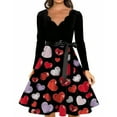 thumbnail image 3 of Valentines Day Dresses Fit and Flare Dress with Heart Print Pattern Ribbon Waist for Women Vintage Deep Red M, 3 of 4