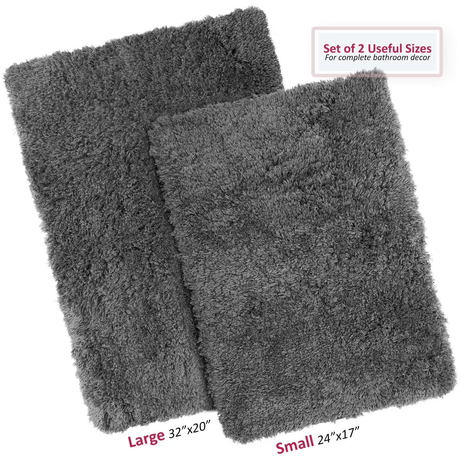 Porch & Den  Lorena Shaggy/ Non-slip Rubber Backed Bath Rug Set Gray 2 Piece Set 2-Piece