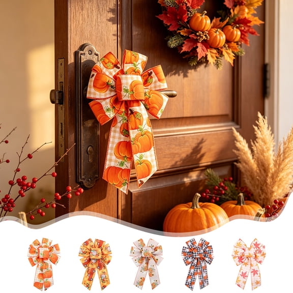 Aoznliie Fall Ribbon Bows, 5 Pack Woven Fabric Bows for Thanksgiving, 14x8 inch Orange Ribbon Bows for Wreath Table Decor, Multicolor