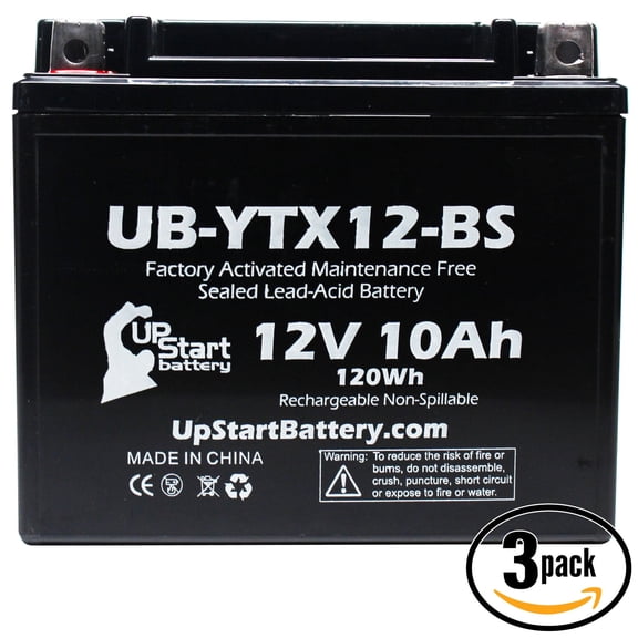 3-Pack UpStart Battery Replacement 2007 Suzuki VZ800 Marauder 800 CC Factory Activated, Maintenance Free, Motorcycle Battery - 12V, 10Ah, UB-YTX12-BS