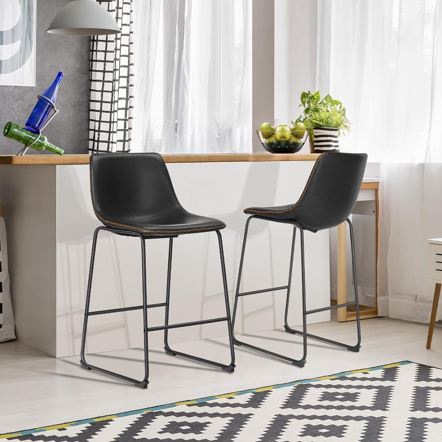 MAYEERTY 30 Inch Barstools High PU Leather Counter Bar Stool with Back and Footrest Set of 2, Black