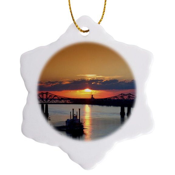 3drose, Boat Natchez-vidalia Bridges, Mississippi River - Us19 Dfr0094 - David R. Frazier, 3 inch Snowflake Porcelain Ornament
