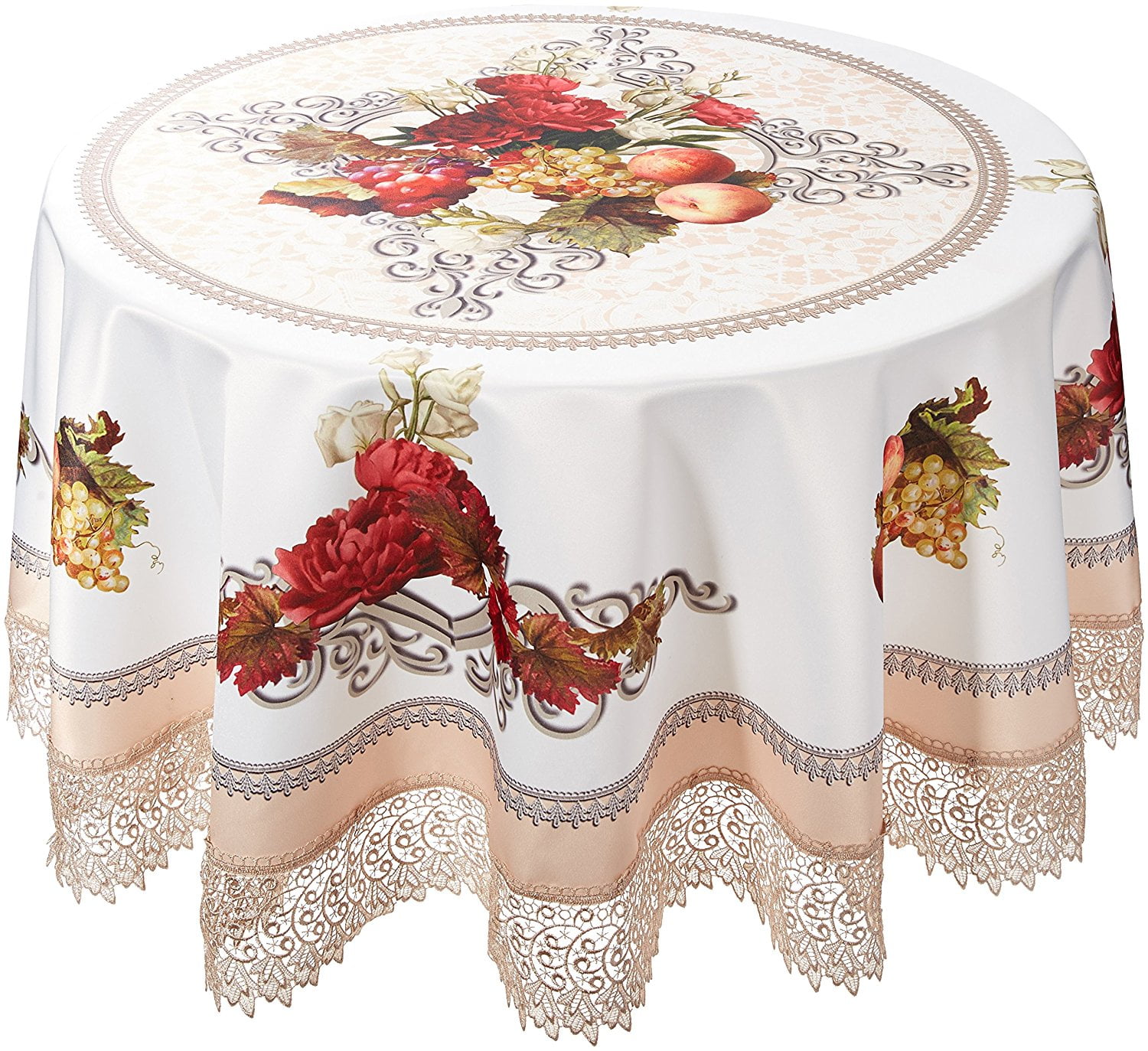 Decorative Printed Fruttela Tablecloth With Lace Trimming, Ivory 70