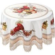 Decorative Printed Fruttela Tablecloth With Lace Trimming, Ivory - 70" Round