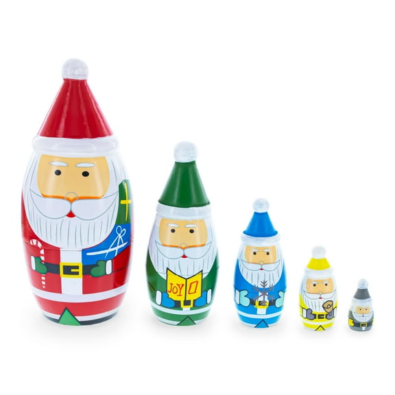 Set of 5 Multicolor Santa with Christmas Gifts Wooden Nesting Dolls 5.5 Inches