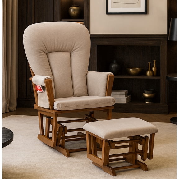 Suite Bebe Contempo Wooden Nursery Rocking Chair with Ottoman, Baby Nursing Glider Rocker, Walnut/Latte