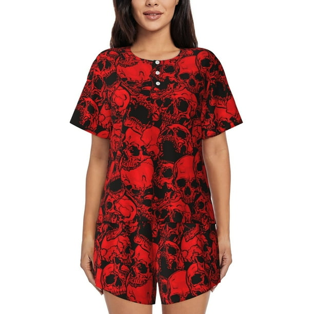 Balery Red Skulls 3 Conjunto de Pijama para Mujer con Estampado, Dos Piezas de Manga Corta y Shorts, Ropa de Dormir Suave con Cuello Redondo y Bolsillos-Large