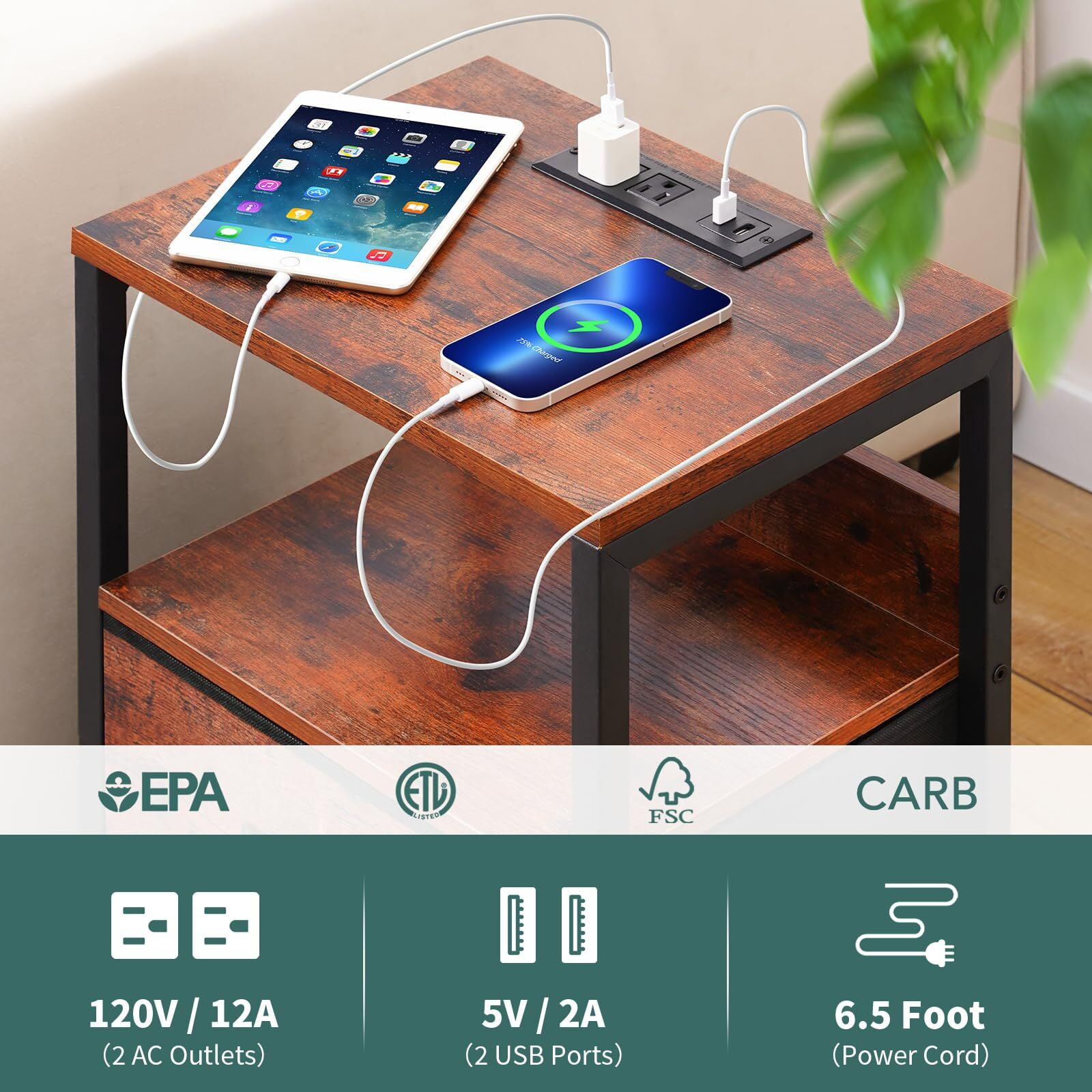 Nightstand with Charging Station, Small Night Stand Fabric Drawers and Storage Shelf for Bedrooms, Nightstands Spaces, Bedside Table USB Ports & Outlets, Brown