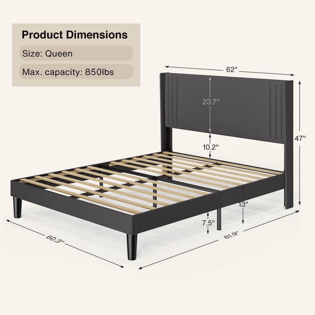 Aiho Queen Size Upholstered Platform Bed Frame with Sturdy Metal Frame, Modern Wingback Headboard - Dark Gray