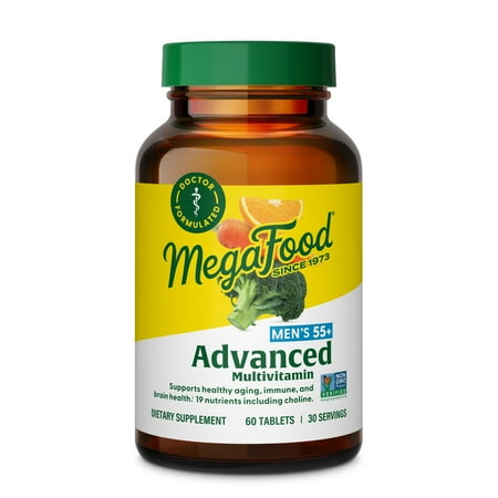 MegaFood Men s 55+ Advanced Multivitamin for Men - Doctor-Formulated -Choline Vitamin D Vitamin B12 – Plus Real Food – Brain Health Supplement for Adults & Immune Support - 60 Tabs (30 Servings)