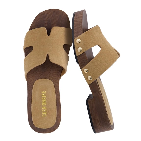 Cushionaire Thai 100% Genuine Leather Suede Platform Sandals for Women Adjustable Strap Heeled Slide Sandals with Memory Foam Comfort