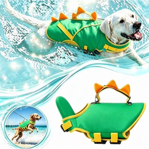 Dog Life Jacket, Cute Green Dinosaur Dog Life Vest for Small Medium Dogs, Adjustable Pet Swimming Vest with Buoyancy Support, Puppy Floatation Jacket for Beach, Pool, Boating & Summer Water