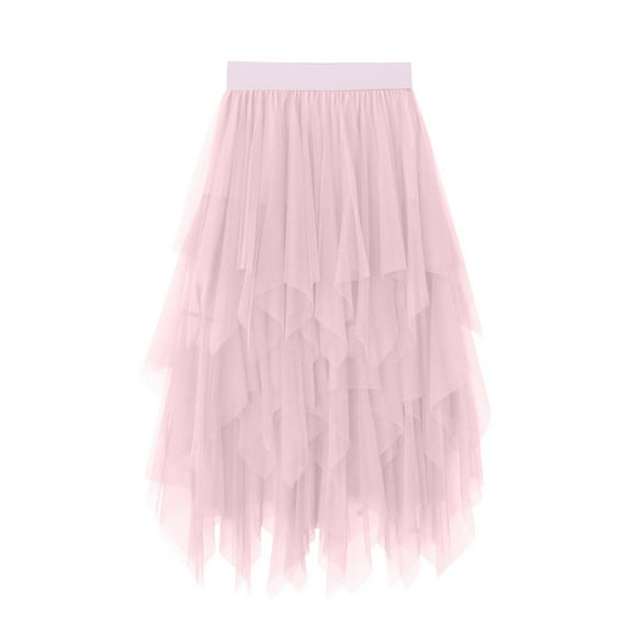 Efsteb Summer Skirts for Women 2025 Temperament High Waist Irregular Mesh Puffy Skirt Spring Fall Fashion Solid Color Comfy Casual Skirts (Pink,Free Size)