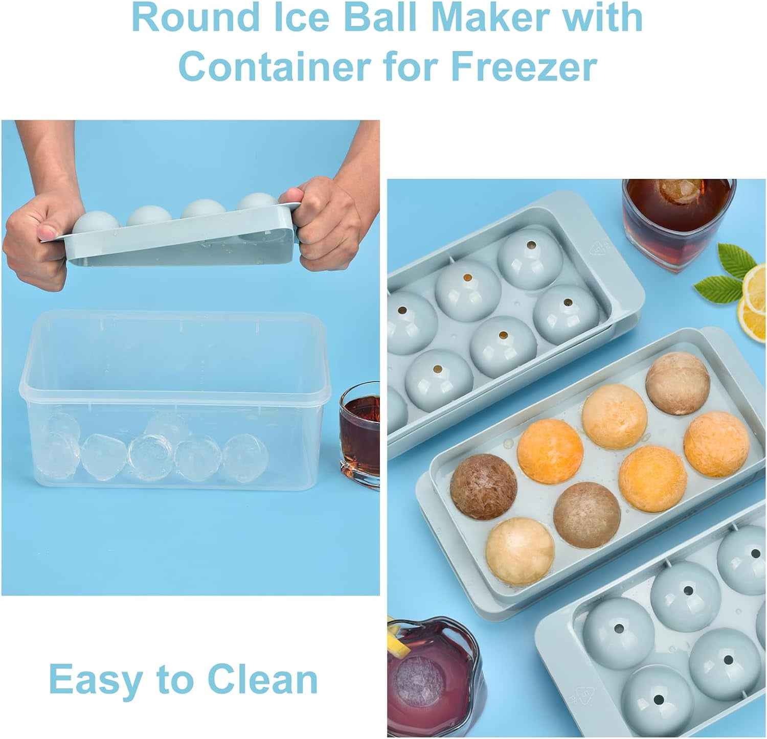 Ice Cube Tray with Lid, 3 Pack 2 INCH Round Ice Ball Maker, Easy Fill & Release Sphere Ice Ball Mold for Whiskey Cocktails Bourbon - Blue