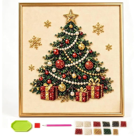 Christmas Pearl Diamond Art Kit with Frame, Pearl Bead Painting Craft for Adults, Holiday Home Wall Decor Project, Relaxing Gemstone Art Kit for Seasonal Decorating (D)