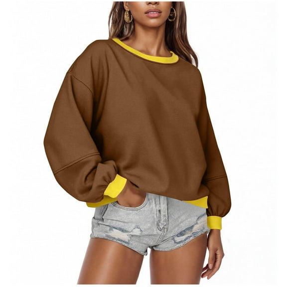 Fmbrln Womens Color Block Hoodless Sweatshirts Fall Winter Fashion Casual Long Sleeve Crew Neck Pullover Tops Loose Comfy Blouse Brown M
