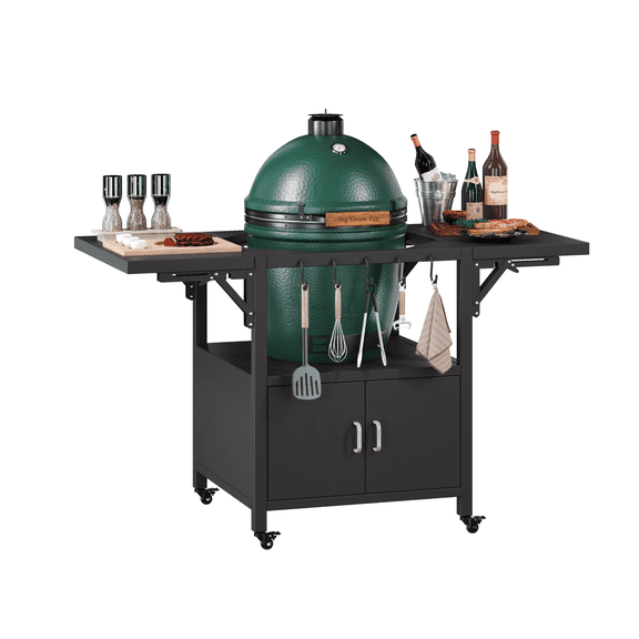 59" Outdoor Grill Table for Big Green Egg, Heavy Duty Metal Prep Cart with Side Table, Hooks & Removable Cover, Compatible with Egg Grill & Griddle