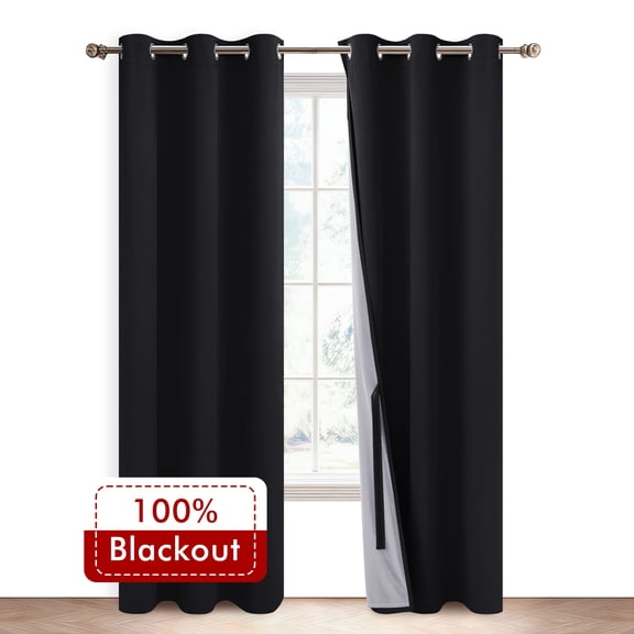 XWZO Black 100% Double Layer Blackout Curtains 84 Inches Long for Bedroom with Liner,Grommet Thermal Insulated Living Room Darkening Drapes with Tiebacks(Black,42"W x 84"L,2 Panels)