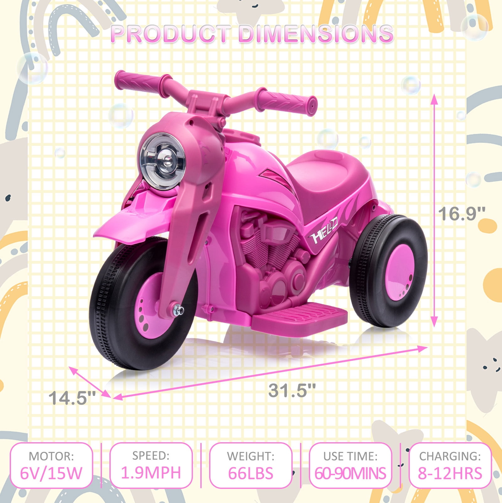 6V Kids Ride on Bubble Car, Battery Powered Electric Motorcycle with Music Button and LED Headlight, 3 Wheels Motorbike Toys Gift for Toddler 3+ Boys Girls, Pink