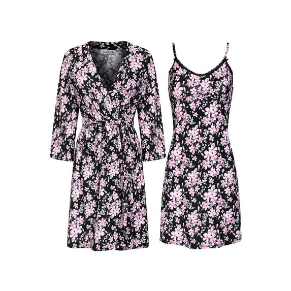 SofiePJ, Women's, Printed Sleepwear Chemise and Robe 2 Piece Set, Pink Black, M