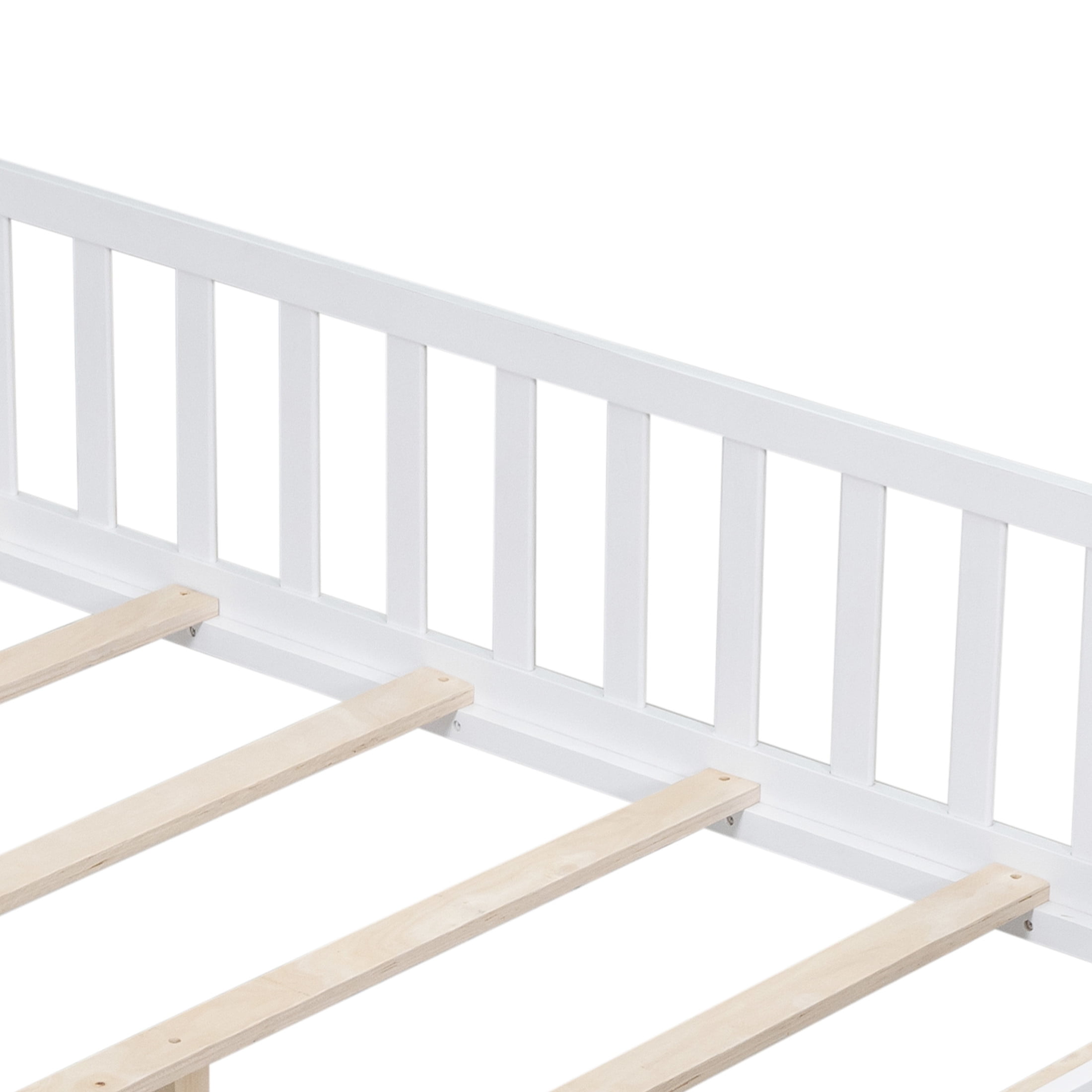 Noble House Full-Size Montessori Floor Platform Bed, Solid Wood Floor Beds with Fence & Door, Toddler-Safe, White