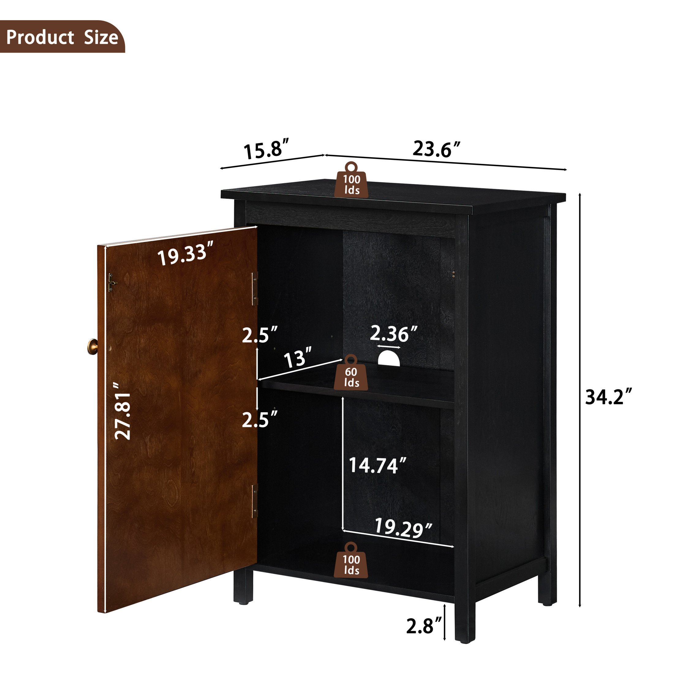 GDF Studio 34.2" Tall Mid-Century Modern Floor Cabinet with Door & Adjustable Shelf, Black+Walnut