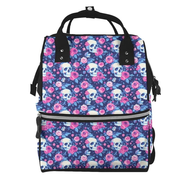 Disketp Skull Flower Mochila de Pañales de Gran Capacidad con Múltiples Bolsillos, Mochila de Viaje Multifuncional para Bebé, Unisex, Moderna y Resistente